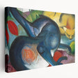 Side view of a large Franz Marc-inspired abstract canvas in bold blue and yellow tones, suitable for kitchen wall art.