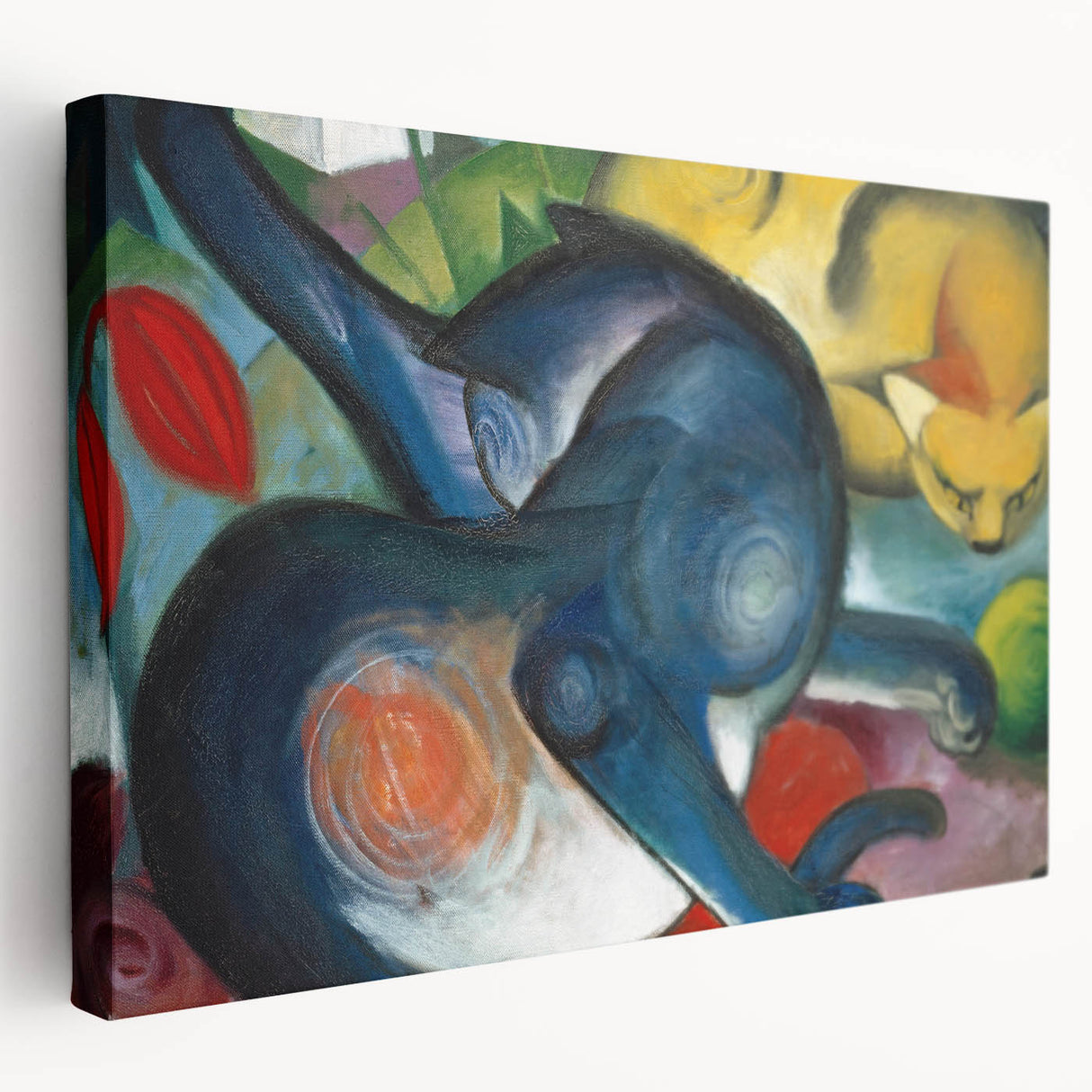 Side view of a large Franz Marc-inspired abstract canvas in bold blue and yellow tones, suitable for kitchen wall art.