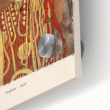 Mid-century modernist abstract design in warm gold and beige tones on acrylic glass, ideal for dining room art.