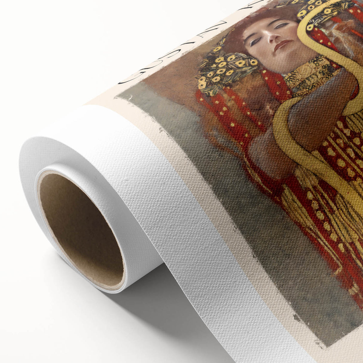 Art deco poster of a Gustav Klimt design in muted gold and black tones on rolled canvas, ideal for nursery wall art.