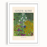 Abstract art print of Gustav Klimt-inspired patterns in gold and black, framed with a white mat.
