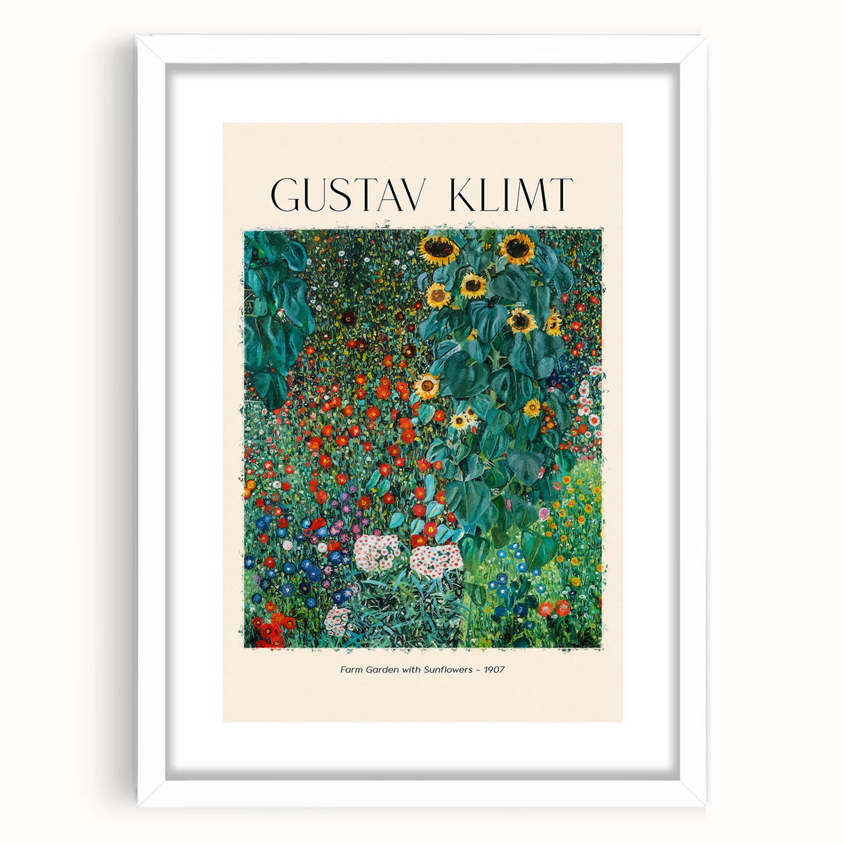 Abstract art print of Gustav Klimt's design in white frame, featuring gold and black swirl patterns.