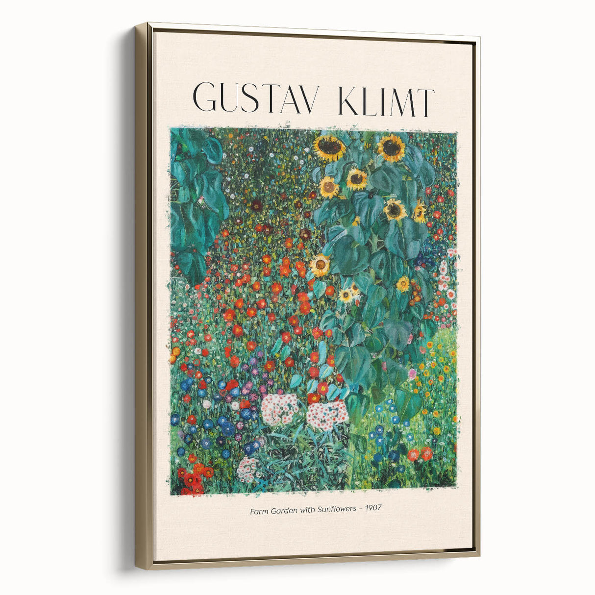 Framed canvas featuring Gustav Klimt's landscape painting in gold and black tones, ideal for bedroom wall art.