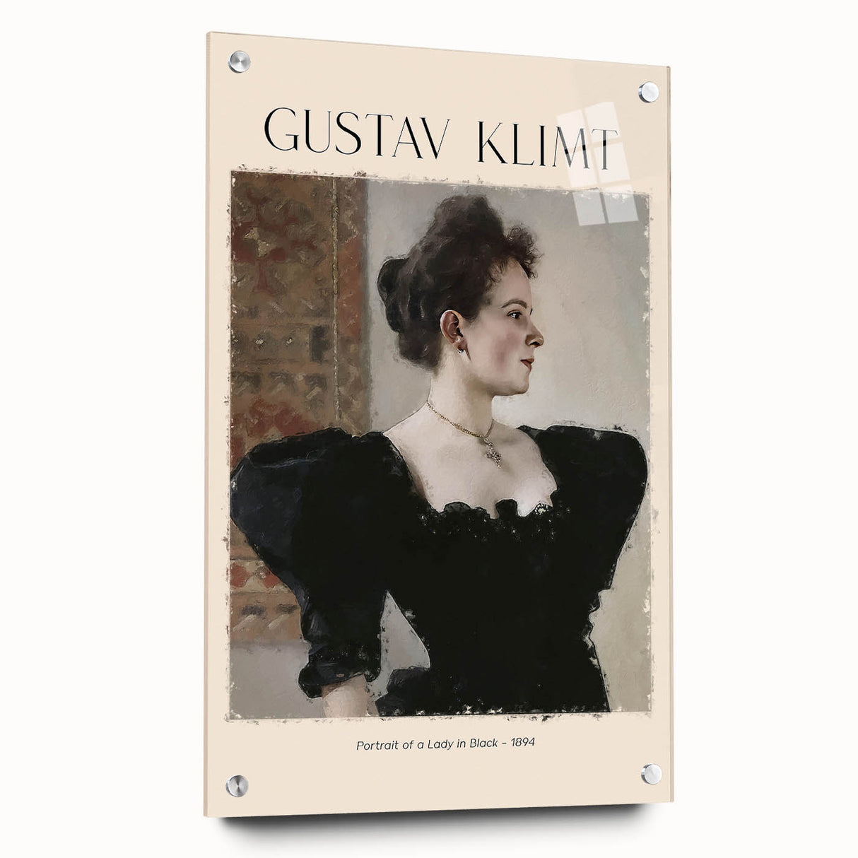 Acrylic print of a Gustav Klimt-inspired abstract design in gold and black tones, suitable for bedroom or dining room decor.