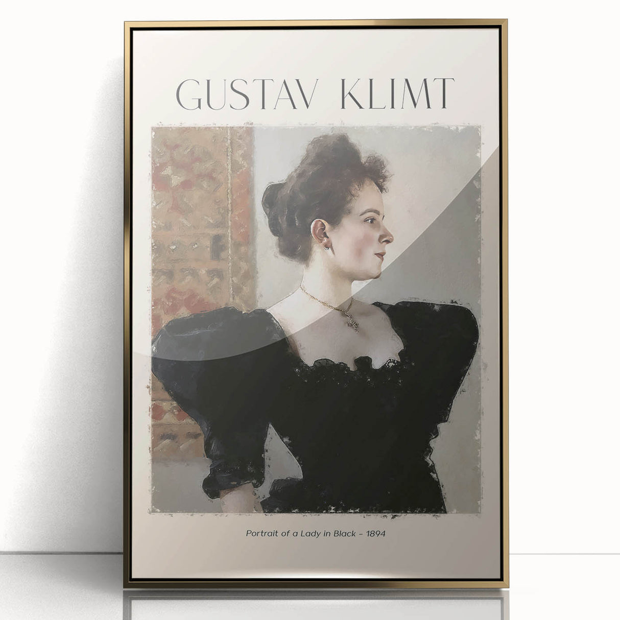 Mid-century modernist art print of Gustav Klimt's abstract design in gold tones on framed acrylic.