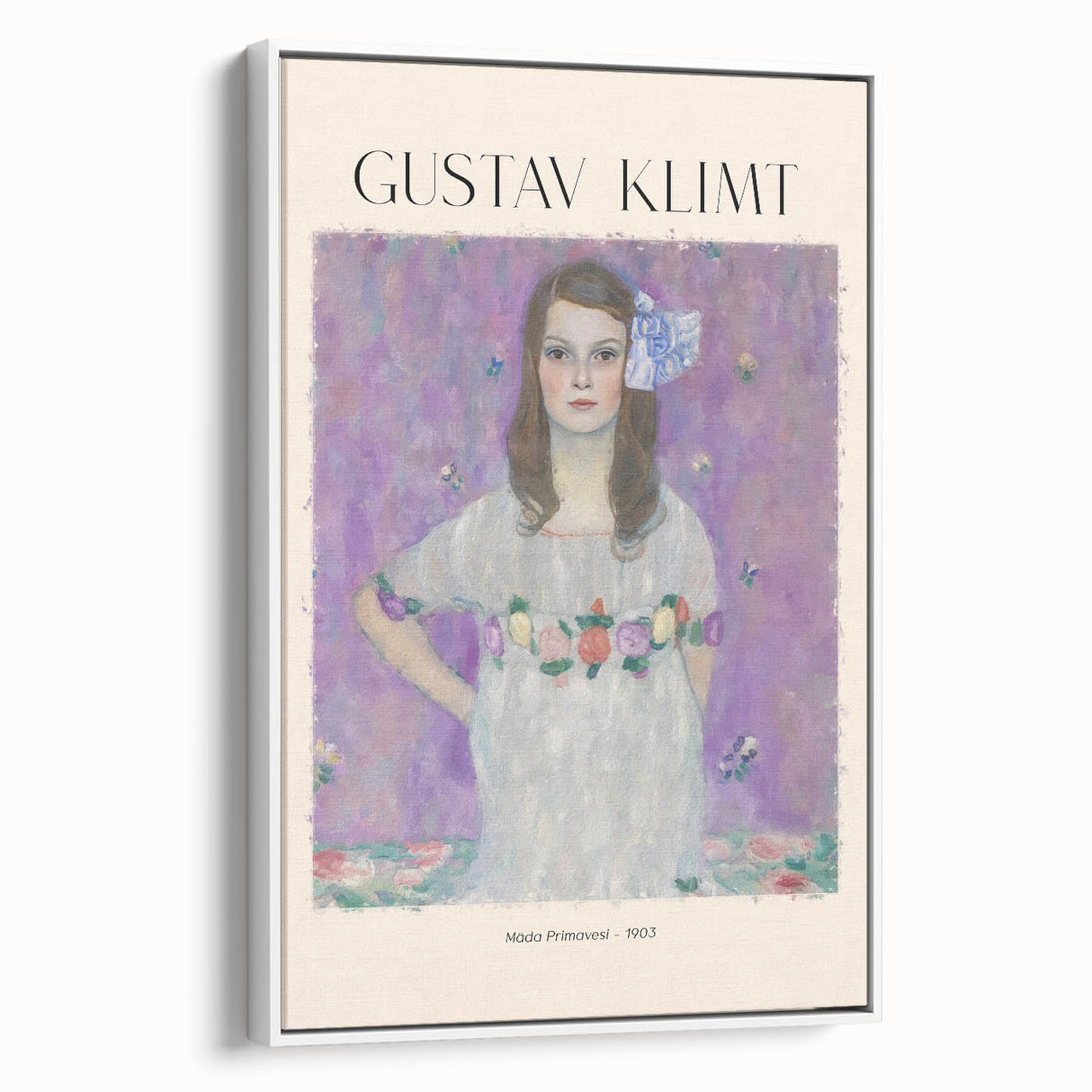 Framed canvas of Gustav Klimt-inspired vintage poster art, featuring colorful abstract patterns on a black background.