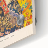 Large abstract wall art in mid-century modernist style, featuring vibrant gold and deep blue hues on acrylic glass.