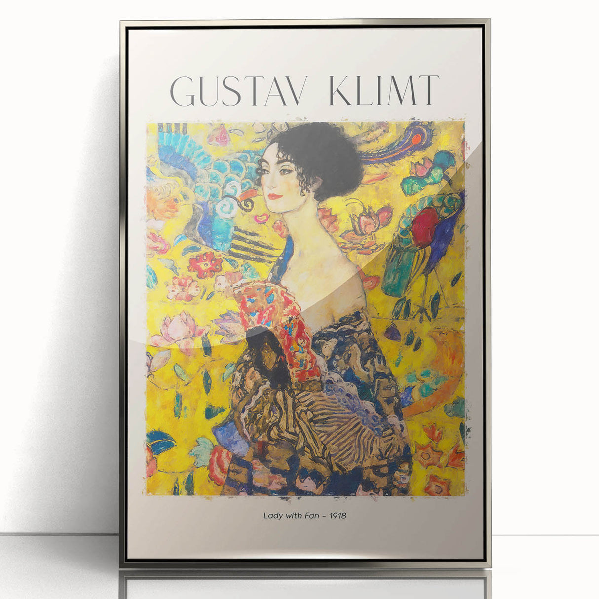 Mid-century modernist art featuring Gustav Klimt-inspired abstract patterns in gold and black, framed acrylic.