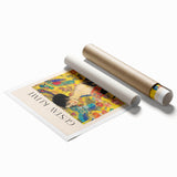 Extra large rolled print of a Gustav Klimt-inspired floral design in gold and black tones.