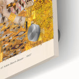 Mid-century modernist art print featuring abstract shapes in gold and black tones on acrylic glass.