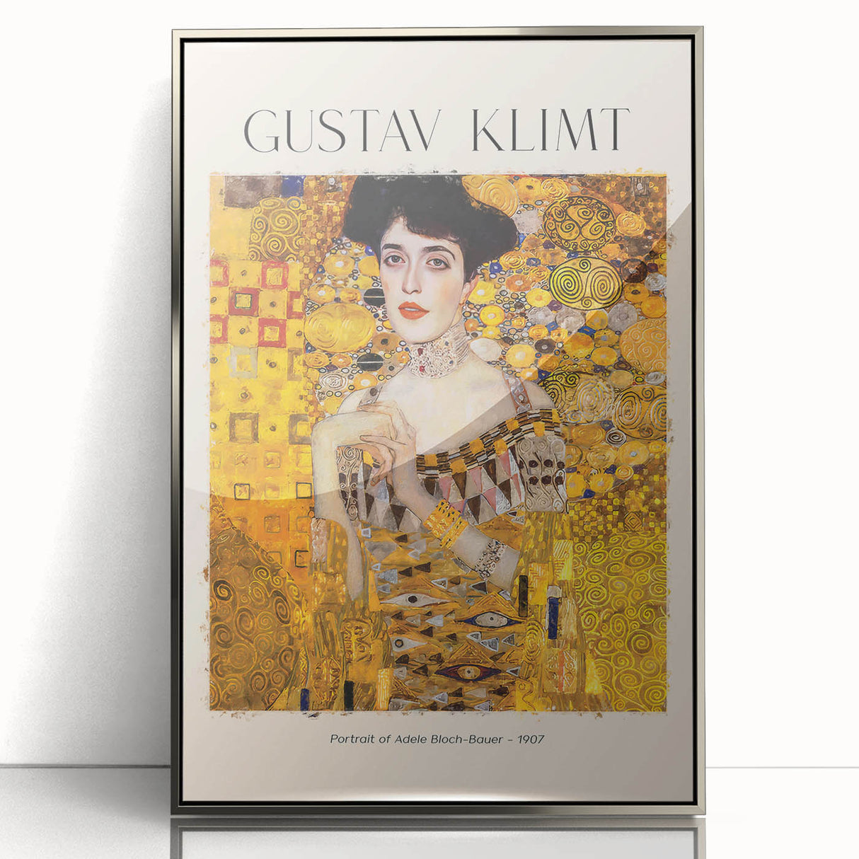 Mid-century modernist art deco poster featuring abstract shapes in gold and silver on acrylic, ideal for nursery wall art.