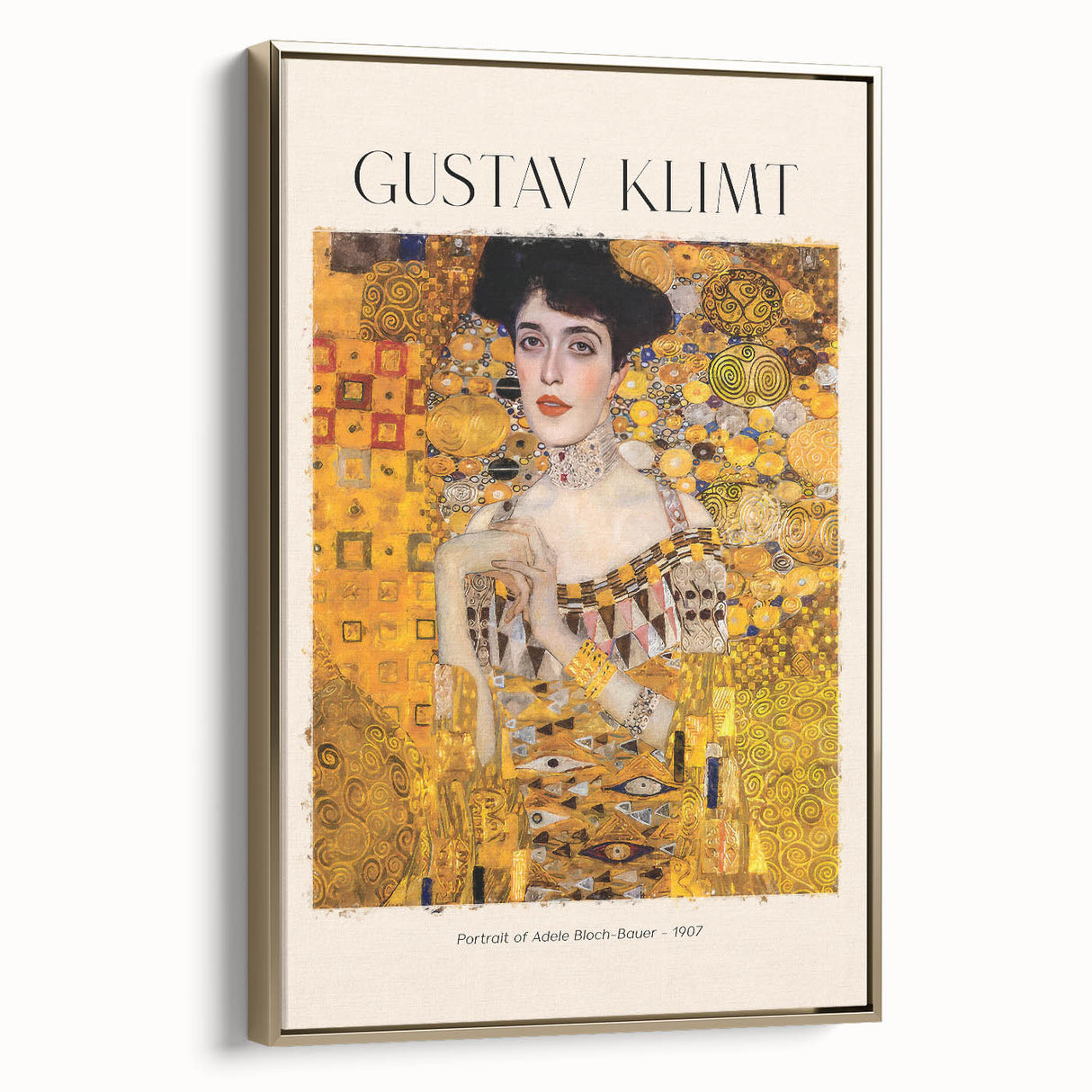 Framed canvas featuring a Gustav Klimt-inspired landscape in gold and black tones, suitable for bedroom wall art.