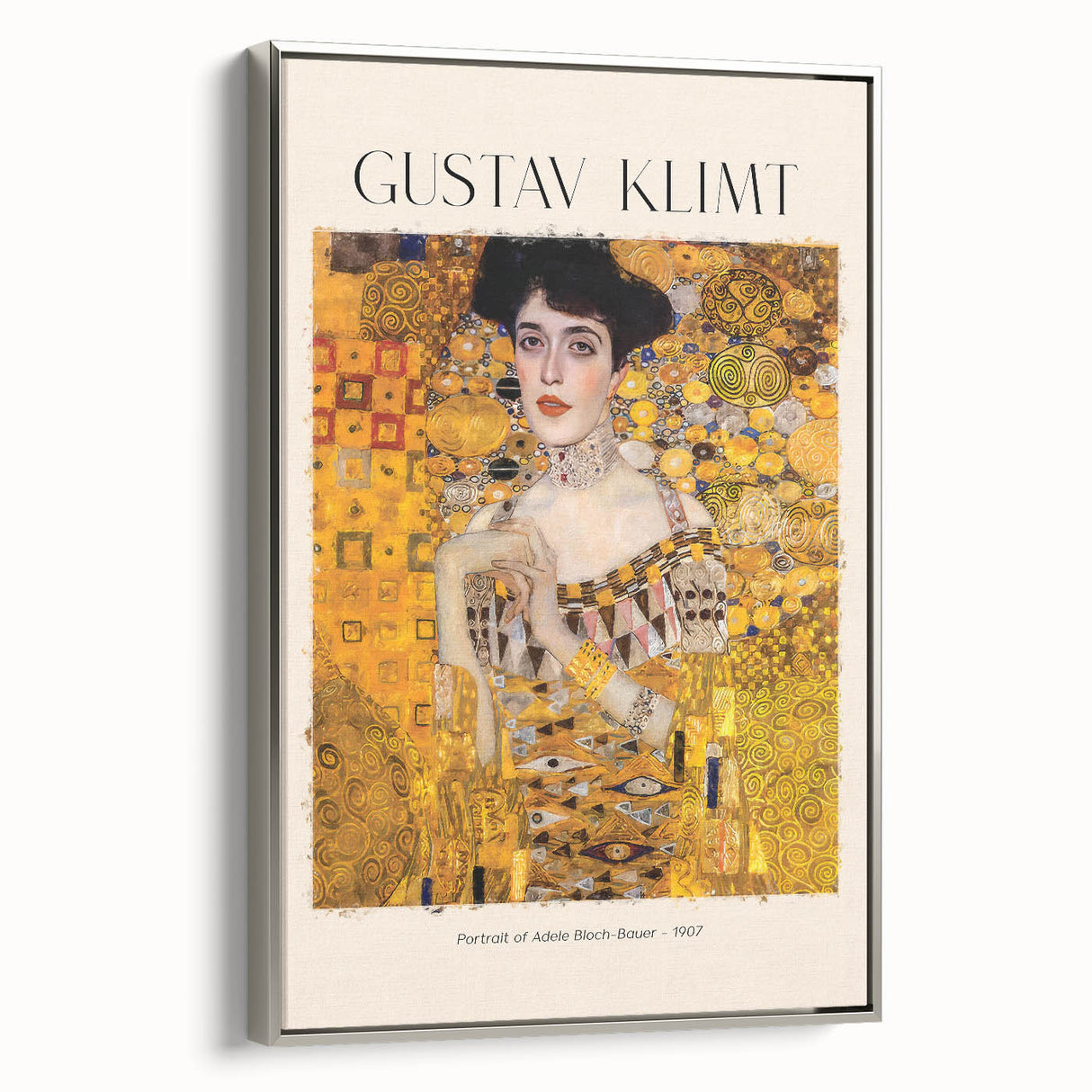Silver-framed canvas featuring a Gustav Klimt-inspired landscape with vibrant colors.