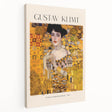 Abstract Gustav Klimt design on stretched canvas featuring gold and black swirls, ideal for kitchen wall art.