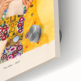 Mid-century modernist art print in muted gold and blue tones on acrylic glass, ideal for dining room decor.