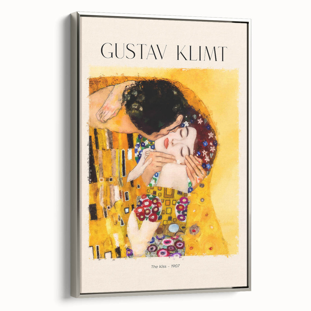 Framed canvas depicting a colorful landscape art painting in a vintage poster style.