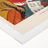 Art deco poster featuring geometric shapes in bold red and blue, printed on rolled canvas, suitable for dining room decor.