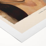 Art deco poster featuring geometric shapes in bold red, blue, and yellow on a rolled canvas, suitable for dining room decor.