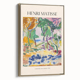 Framed canvas of a colorful Henri Matisse landscape painting with vintage poster art style.