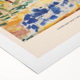 Art deco poster featuring geometric patterns and bold primary colors on a rolled canvas, suitable for dining room decor.