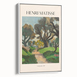 Framed canvas featuring a vintage poster art style landscape painting in muted earth tones, ideal for bedroom wall decor.