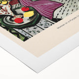 Art deco poster featuring geometric patterns and muted gold and navy hues on rolled canvas, ideal for dining room wall art.