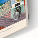 Mid-century modernist abstract design in vibrant colors on acrylic glass, suitable for dining room art.