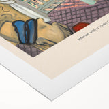 Art deco poster featuring abstract geometric shapes in muted gold and navy, on rolled canvas, suitable for dining room decor.