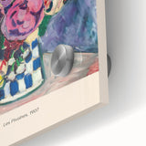 Large abstract wall art print in mid-century modernist style with vibrant colors on acrylic glass, ideal for dining room art.