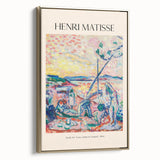 Landscape art painting featuring colorful abstract shapes on a black background, framed canvas, ideal for living room decor.