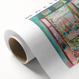 Art deco poster featuring abstract shapes in blues and golds on rolled canvas.