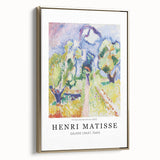 Framed canvas of a colorful landscape art painting with vintage poster influences, ideal for living room decor.