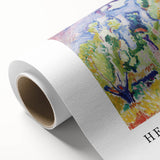 Art deco poster of a geometric pattern in muted gold and teal, printed on rolled canvas, suitable for nursery wall art.