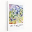 Abstract Henri Matisse design on large stretched canvas with bold blue and red tones, suitable for kitchen wall art.