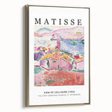 Framed canvas of a colorful landscape painting in a vintage poster style, ideal for enhancing a modern living room ambiance.