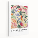 Large art print of an abstract Henri Matisse design in vibrant colors on stretched canvas, suitable for kitchen wall art.