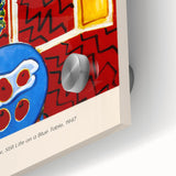 Mid-century modernist art featuring large abstract shapes in bold colors on acrylic glass, suitable for dining room decor.