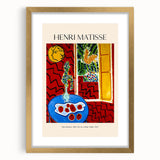 Abstract textured art print in vibrant blues and reds on a gold-framed canvas, ideal for enhancing bedroom decor.