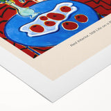 Art deco poster featuring geometric patterns in muted gold and navy, printed on rolled canvas.