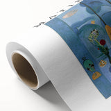 Art Deco poster featuring bold geometric shapes in vibrant primary colors on a rolled canvas, ideal for nursery wall art.