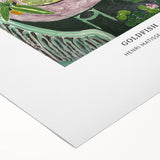 Art deco poster featuring abstract shapes in bold red and blue on rolled canvas, suitable for dining room decor.