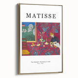 Framed canvas of a colorful, abstract landscape painting with vintage poster influences.