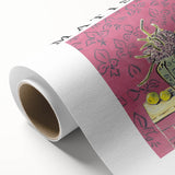 Art deco poster of abstract shapes in muted tones on rolled canvas, suitable as nursery wall art or dining room decor.