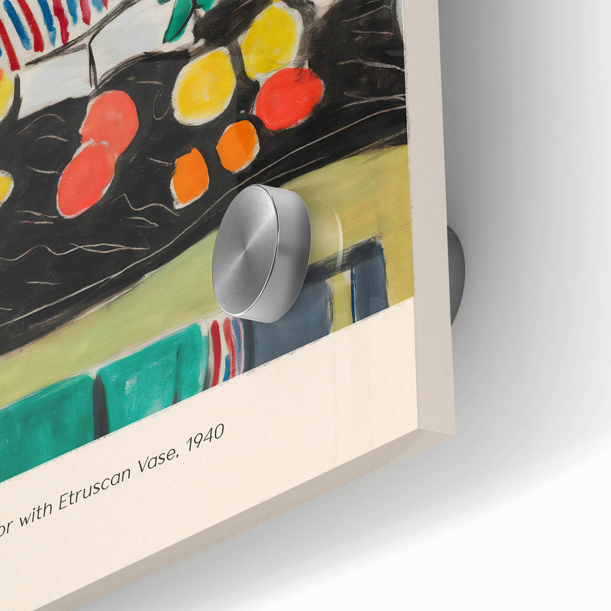 Mid-century modernist art featuring abstract shapes in vibrant primary colors on acrylic glass, ideal for dining room art.