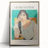 Mid-century modernist art by Henri Matisse, framed acrylic with gold accents, featuring abstract shapes in vibrant colors.