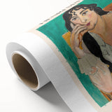 Art Deco poster of abstract shapes in muted blues and pinks on rolled canvas, ideal for nursery wall art.