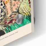 Large abstract wall art in mid-century modernist style with vibrant colors on acrylic glass, ideal for dining room decor.