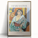 Mid-century modernist art by Henri Matisse in acrylic, framed in gold, featuring abstract shapes in vibrant colors.