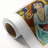 Art deco style poster of abstract shapes in muted blue and peach tones on rolled canvas, suitable for nursery wall art.