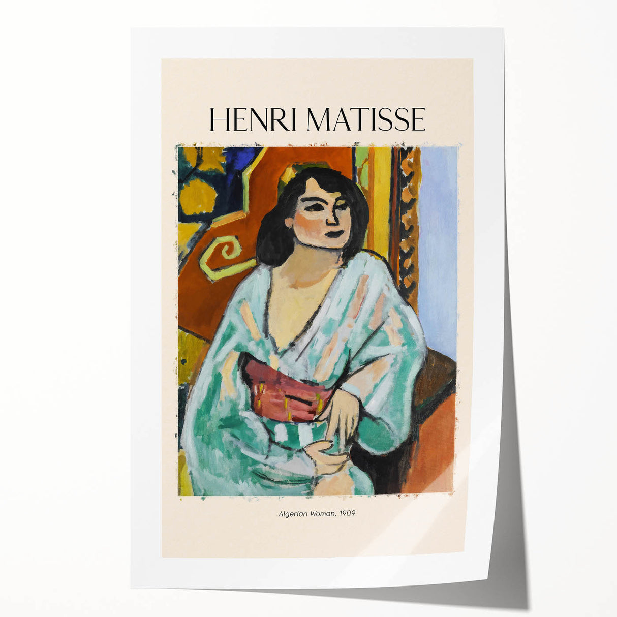 Extra large rolled print of a Henri Matisse-inspired floral design in vibrant colors, ideal for art wall dining room.